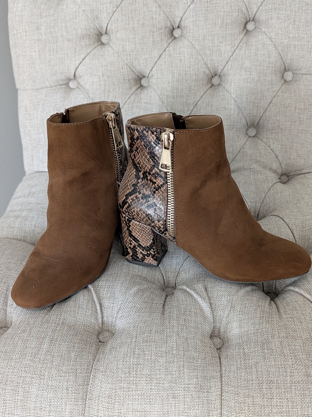 BAMBOO Brown Suede Ankle Boots with Snake-Print Block Heel